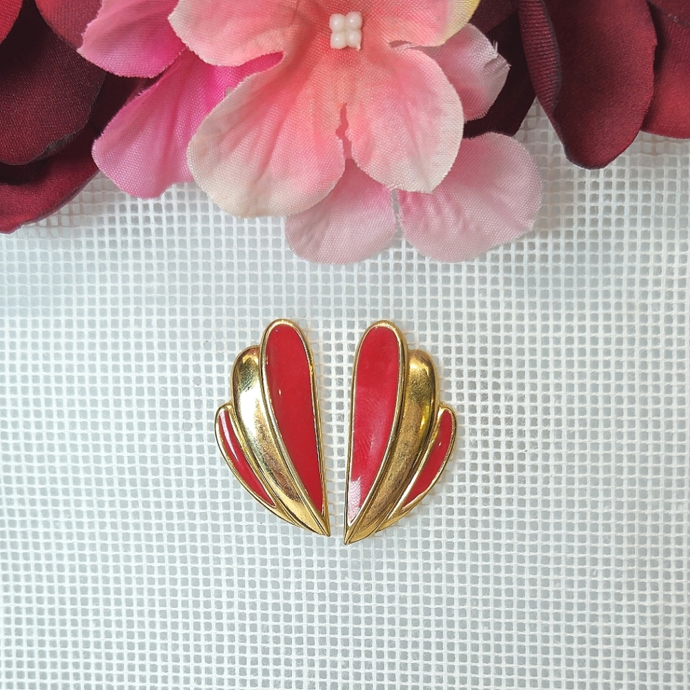 Vintage Trifari Red & Gold Statement Earrings Fan Style Earrings